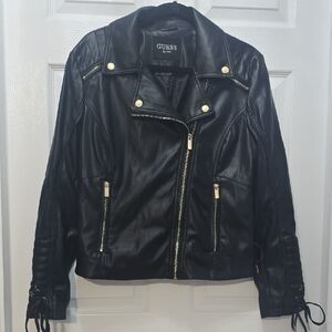 GUESS Black Faux Leather Moto Jacket with Laceup Details